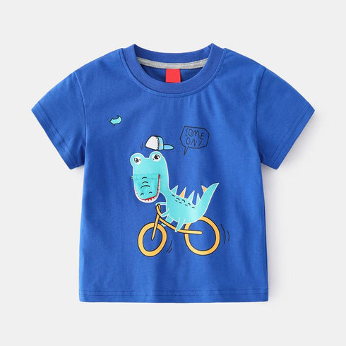Summer Boys Bicycle Dinosaur Print Short Sleeve